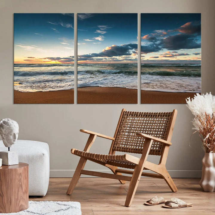 The Ocean Beach Wall Art Canvas Print Sunset Artwork Print Coastal Wall Art, featuring a three-panel design on museum-quality canvas, beautifully enhances any space. Each piece is meticulously hand-assembled, providing exquisite craftsmanship and elegance to your décor.