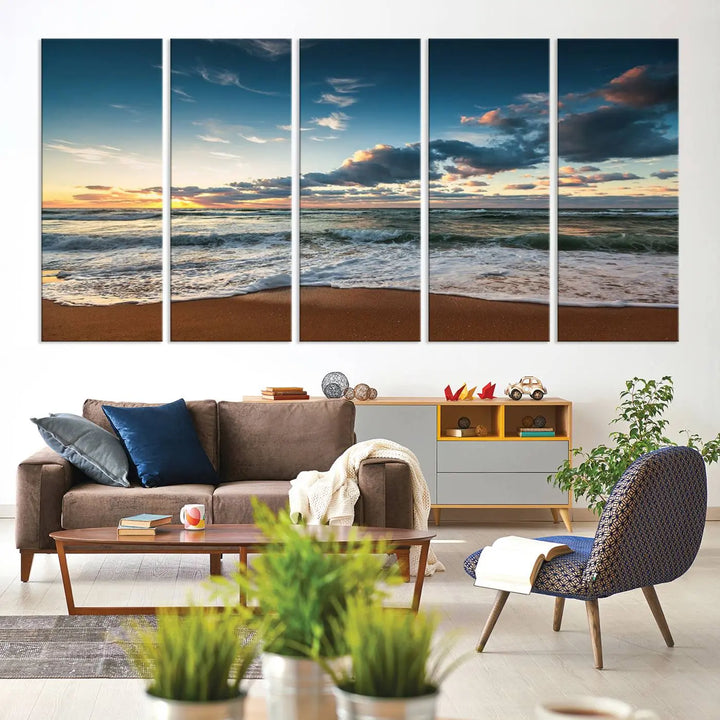 The Ocean Beach Wall Art Canvas Print Sunset Artwork Print Coastal Wall Art, featuring a three-panel design on museum-quality canvas, beautifully enhances any space. Each piece is meticulously hand-assembled, providing exquisite craftsmanship and elegance to your décor.