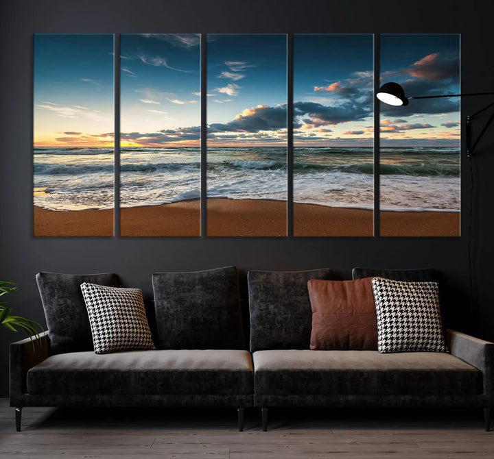 The Ocean Beach Wall Art Canvas Print Sunset Artwork Print Coastal Wall Art, featuring a three-panel design on museum-quality canvas, beautifully enhances any space. Each piece is meticulously hand-assembled, providing exquisite craftsmanship and elegance to your décor.