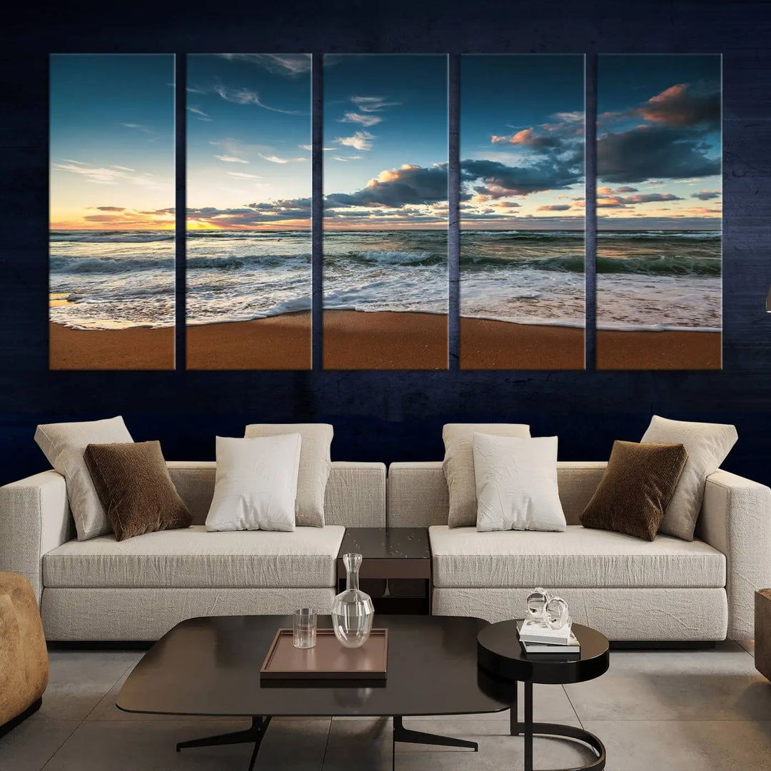 The Ocean Beach Wall Art Canvas Print Sunset Artwork Print Coastal Wall Art, featuring a three-panel design on museum-quality canvas, beautifully enhances any space. Each piece is meticulously hand-assembled, providing exquisite craftsmanship and elegance to your décor.