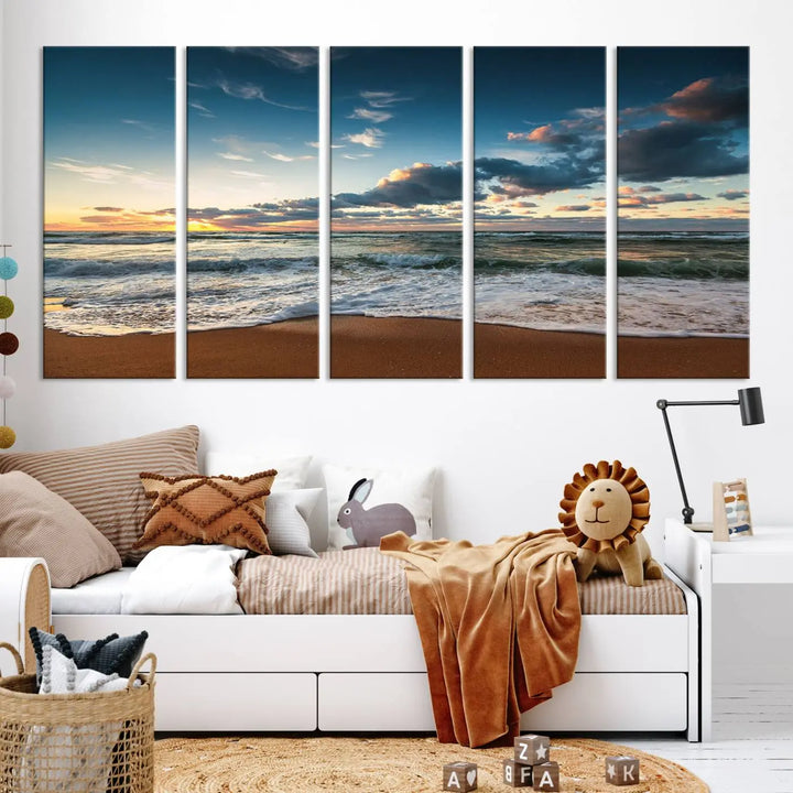 The Ocean Beach Wall Art Canvas Print Sunset Artwork Print Coastal Wall Art, featuring a three-panel design on museum-quality canvas, beautifully enhances any space. Each piece is meticulously hand-assembled, providing exquisite craftsmanship and elegance to your décor.