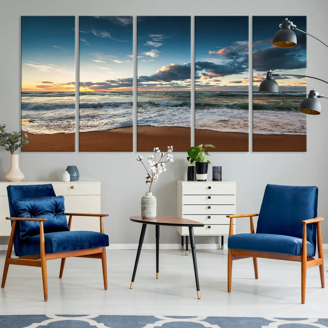 The Ocean Beach Wall Art Canvas Print Sunset Artwork Print Coastal Wall Art, featuring a three-panel design on museum-quality canvas, beautifully enhances any space. Each piece is meticulously hand-assembled, providing exquisite craftsmanship and elegance to your décor.