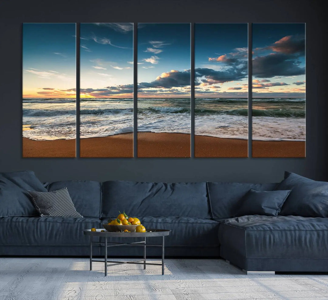 The Ocean Beach Wall Art Canvas Print Sunset Artwork Print Coastal Wall Art, featuring a three-panel design on museum-quality canvas, beautifully enhances any space. Each piece is meticulously hand-assembled, providing exquisite craftsmanship and elegance to your décor.