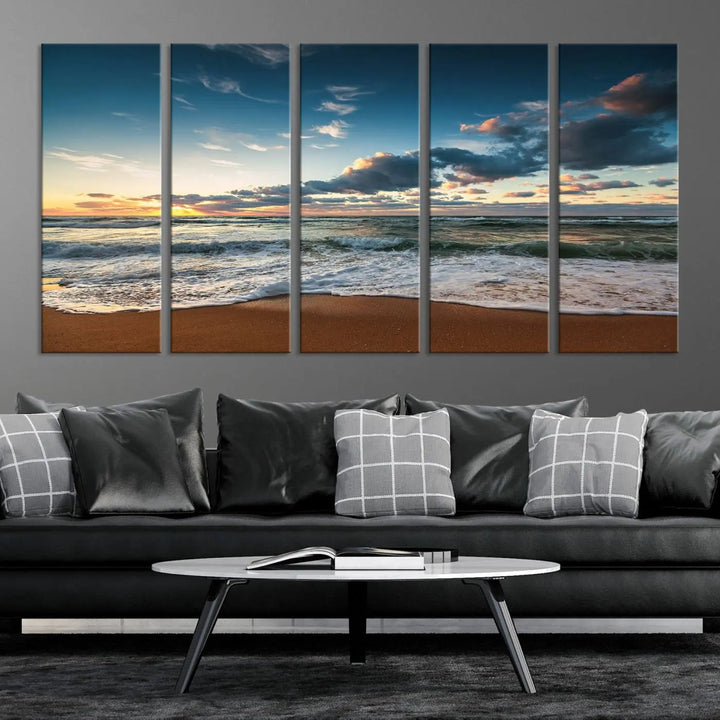 The Ocean Beach Wall Art Canvas Print Sunset Artwork Print Coastal Wall Art, featuring a three-panel design on museum-quality canvas, beautifully enhances any space. Each piece is meticulously hand-assembled, providing exquisite craftsmanship and elegance to your décor.