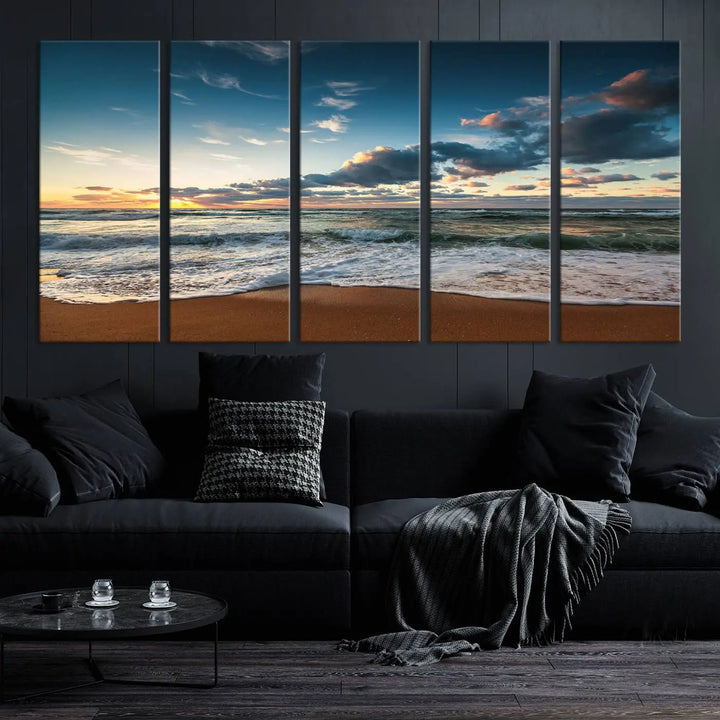 The Ocean Beach Wall Art Canvas Print Sunset Artwork Print Coastal Wall Art, featuring a three-panel design on museum-quality canvas, beautifully enhances any space. Each piece is meticulously hand-assembled, providing exquisite craftsmanship and elegance to your décor.