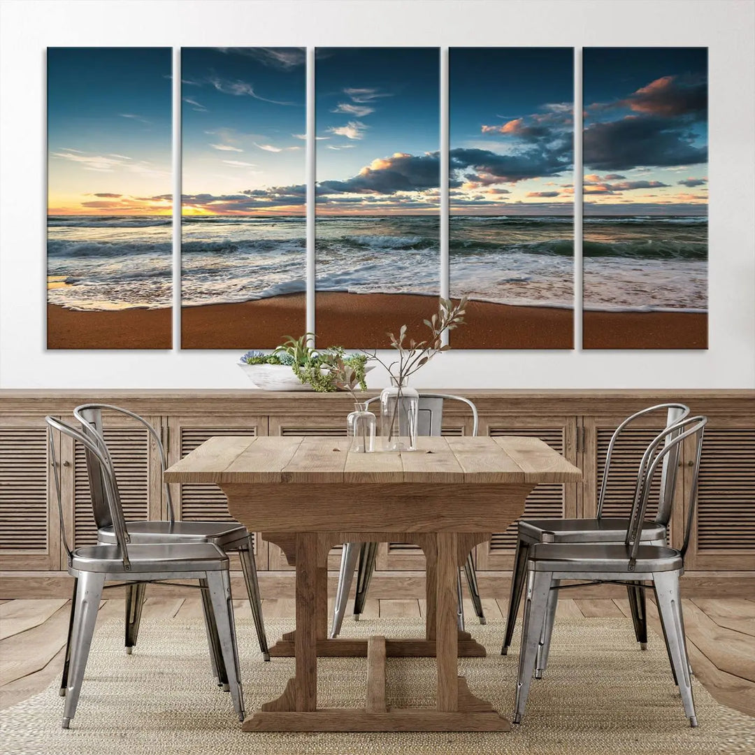 The Ocean Beach Wall Art Canvas Print Sunset Artwork Print Coastal Wall Art, featuring a three-panel design on museum-quality canvas, beautifully enhances any space. Each piece is meticulously hand-assembled, providing exquisite craftsmanship and elegance to your décor.