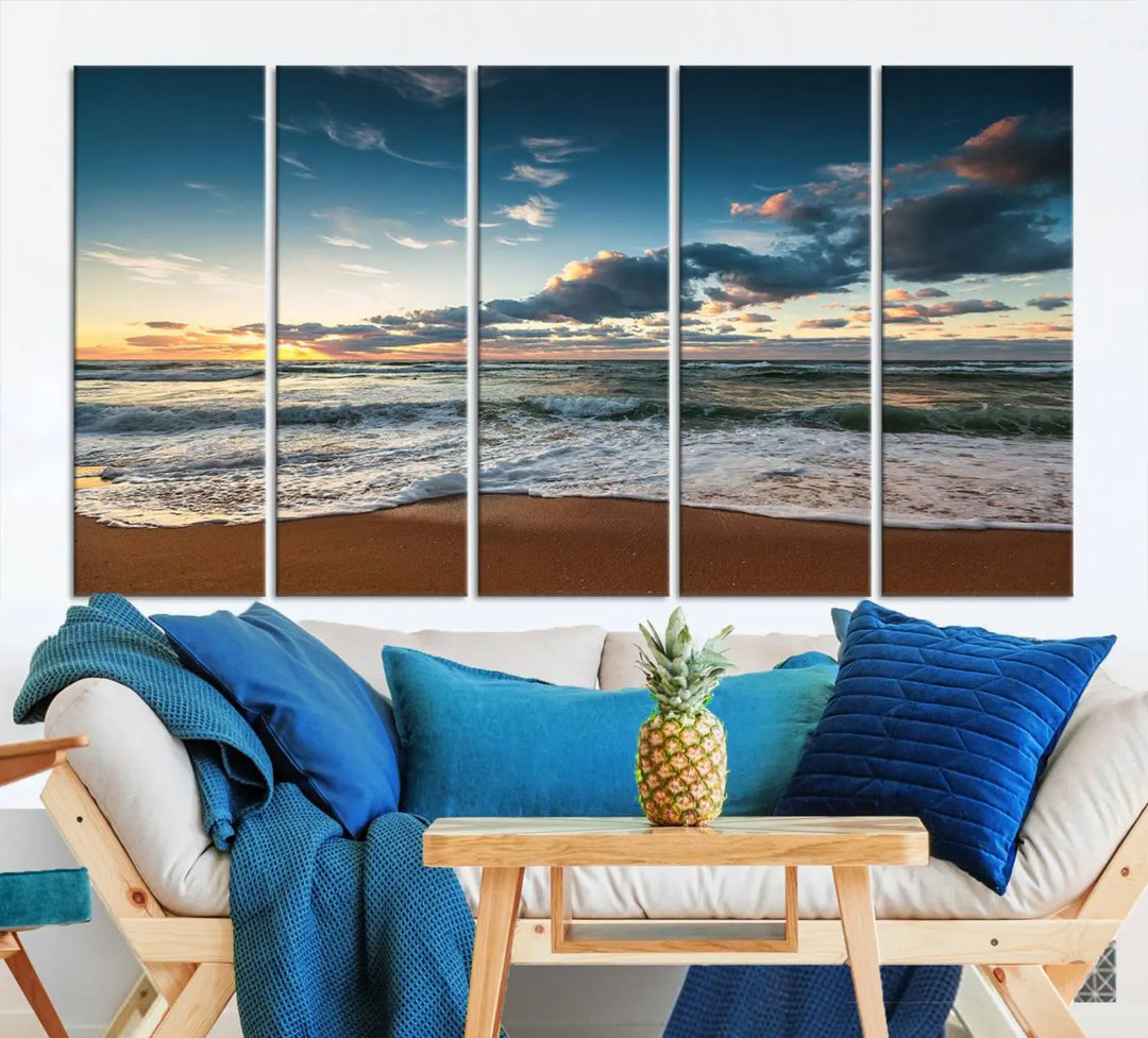 The Ocean Beach Wall Art Canvas Print Sunset Artwork Print Coastal Wall Art, featuring a three-panel design on museum-quality canvas, beautifully enhances any space. Each piece is meticulously hand-assembled, providing exquisite craftsmanship and elegance to your décor.