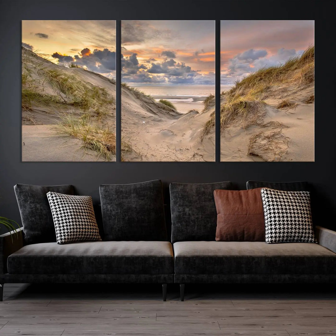 The "Ocean Beach Wall Art Canvas Print Sunset Artwork Print Coastal Wall Art" complements the coastal decor beautifully.