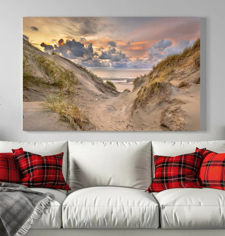 The "Ocean Beach Wall Art Canvas Print Sunset Artwork Print Coastal Wall Art" complements the coastal decor beautifully.