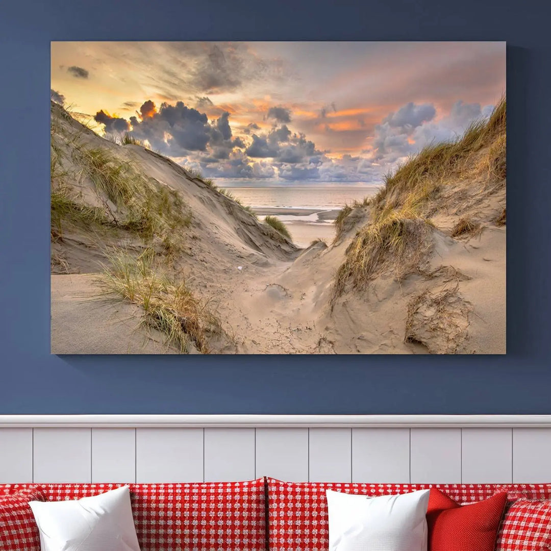 The "Ocean Beach Wall Art Canvas Print Sunset Artwork Print Coastal Wall Art" complements the coastal decor beautifully.