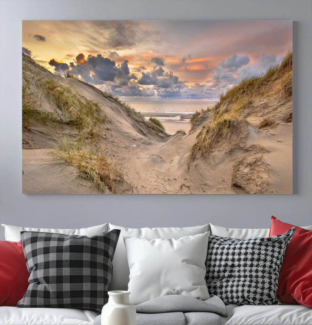 The "Ocean Beach Wall Art Canvas Print Sunset Artwork Print Coastal Wall Art" complements the coastal decor beautifully.