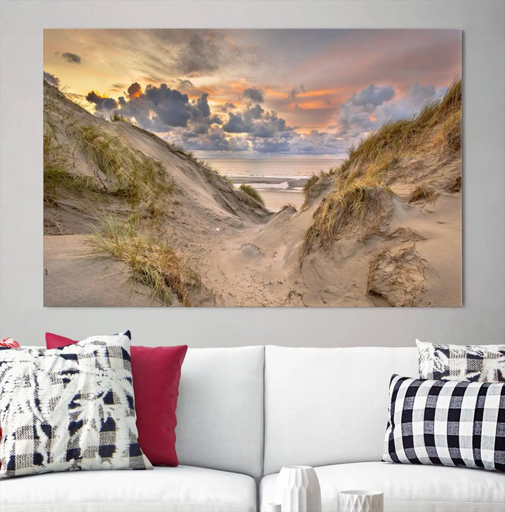 The "Ocean Beach Wall Art Canvas Print Sunset Artwork Print Coastal Wall Art" complements the coastal decor beautifully.