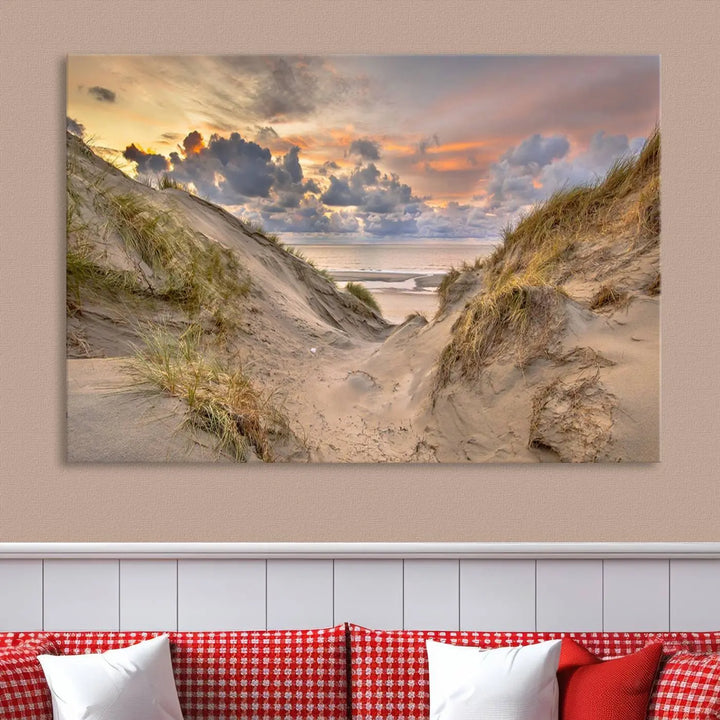 The "Ocean Beach Wall Art Canvas Print Sunset Artwork Print Coastal Wall Art" complements the coastal decor beautifully.