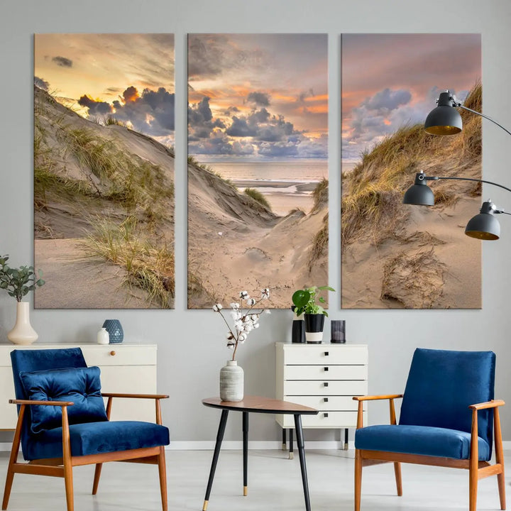 The "Ocean Beach Wall Art Canvas Print Sunset Artwork Print Coastal Wall Art" complements the coastal decor beautifully.