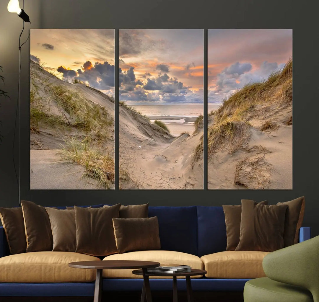 The "Ocean Beach Wall Art Canvas Print Sunset Artwork Print Coastal Wall Art" complements the coastal decor beautifully.