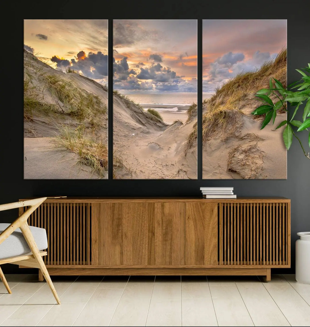 The "Ocean Beach Wall Art Canvas Print Sunset Artwork Print Coastal Wall Art" complements the coastal decor beautifully.