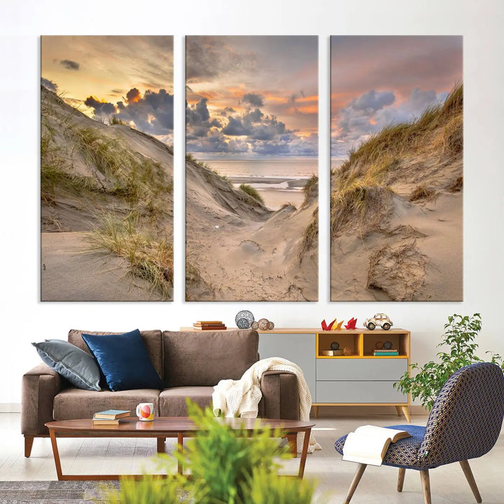 The "Ocean Beach Wall Art Canvas Print Sunset Artwork Print Coastal Wall Art" complements the coastal decor beautifully.