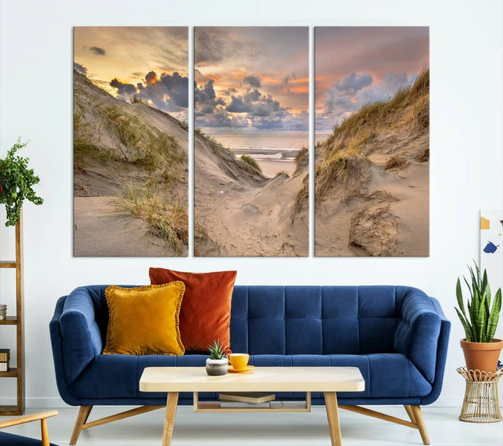 The "Ocean Beach Wall Art Canvas Print Sunset Artwork Print Coastal Wall Art" complements the coastal decor beautifully.