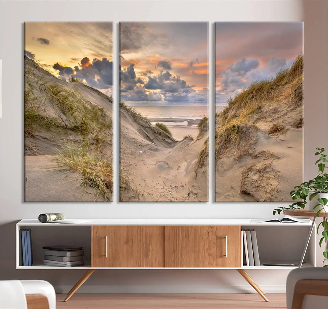 The "Ocean Beach Wall Art Canvas Print Sunset Artwork Print Coastal Wall Art" complements the coastal decor beautifully.