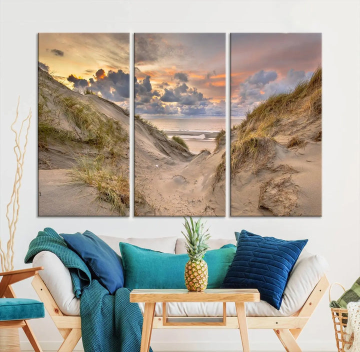 The "Ocean Beach Wall Art Canvas Print Sunset Artwork Print Coastal Wall Art" complements the coastal decor beautifully.