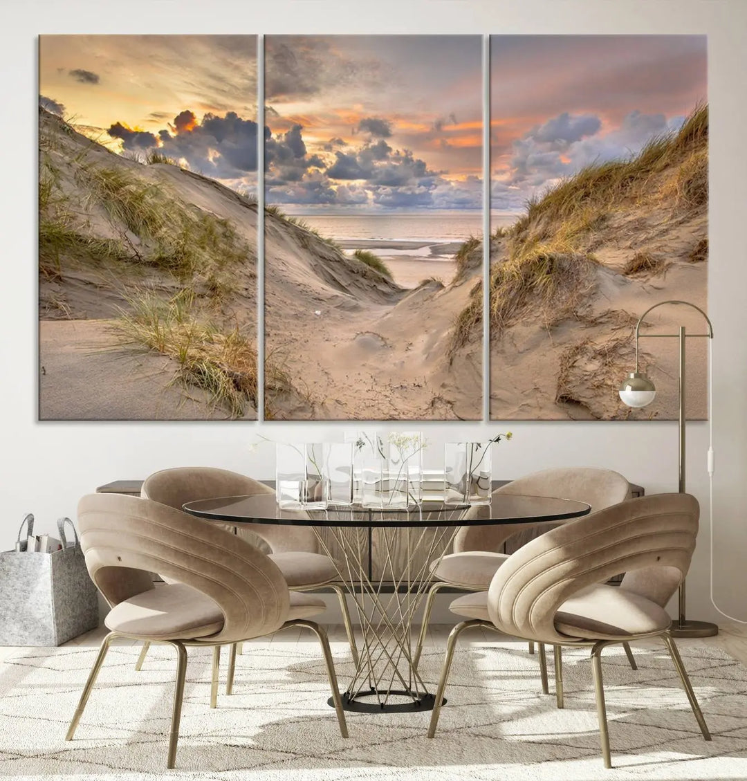 The "Ocean Beach Wall Art Canvas Print Sunset Artwork Print Coastal Wall Art" complements the coastal decor beautifully.