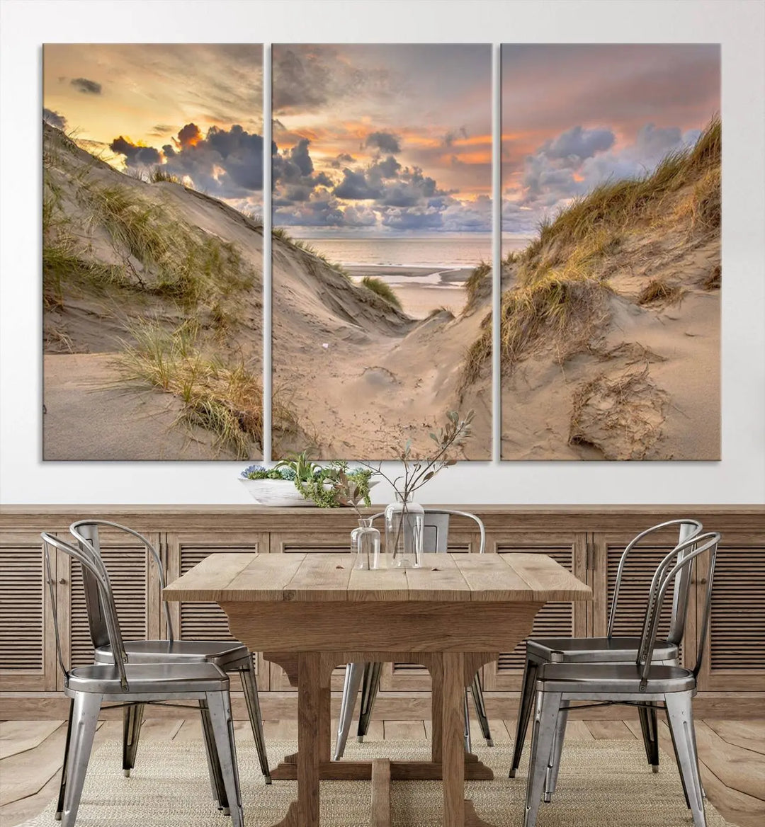 The "Ocean Beach Wall Art Canvas Print Sunset Artwork Print Coastal Wall Art" complements the coastal decor beautifully.