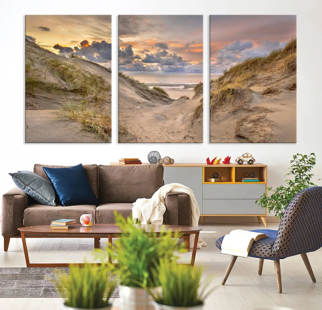 The "Ocean Beach Wall Art Canvas Print Sunset Artwork Print Coastal Wall Art" complements the coastal decor beautifully.