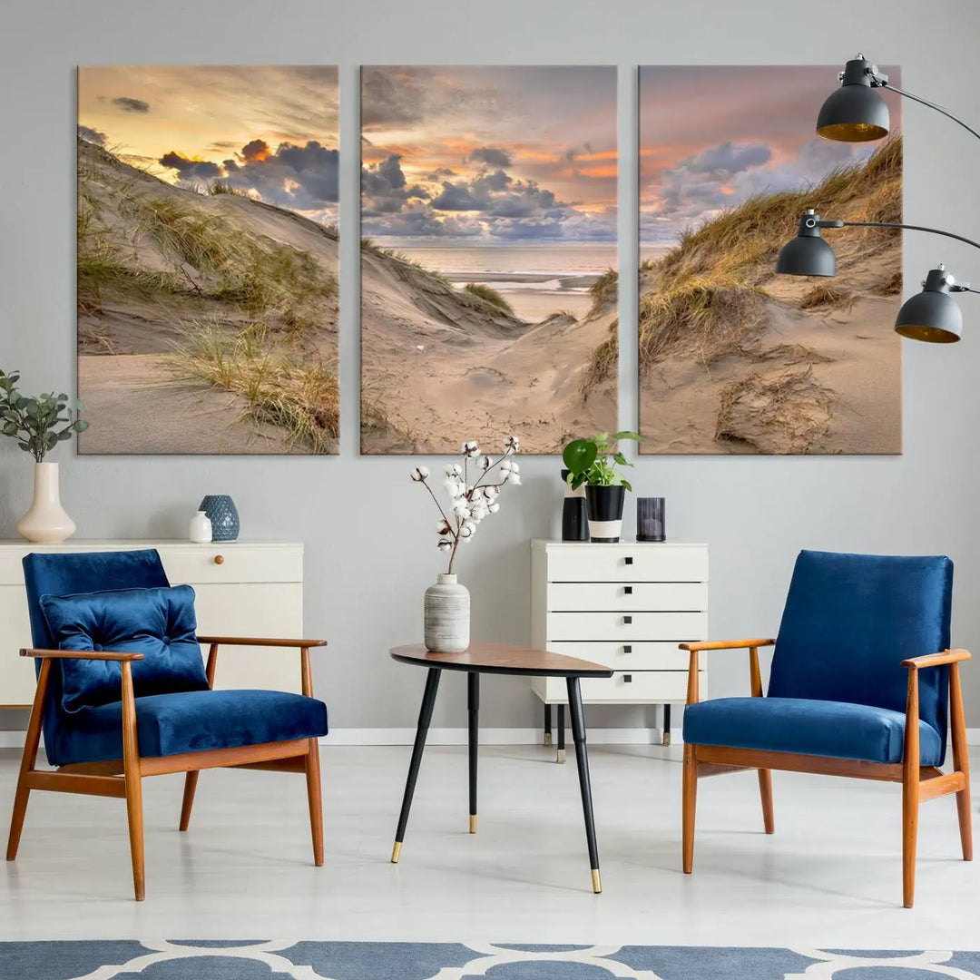 The "Ocean Beach Wall Art Canvas Print Sunset Artwork Print Coastal Wall Art" complements the coastal decor beautifully.