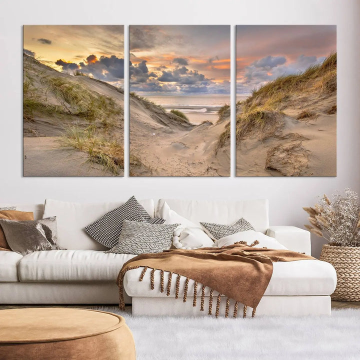 The "Ocean Beach Wall Art Canvas Print Sunset Artwork Print Coastal Wall Art" complements the coastal decor beautifully.