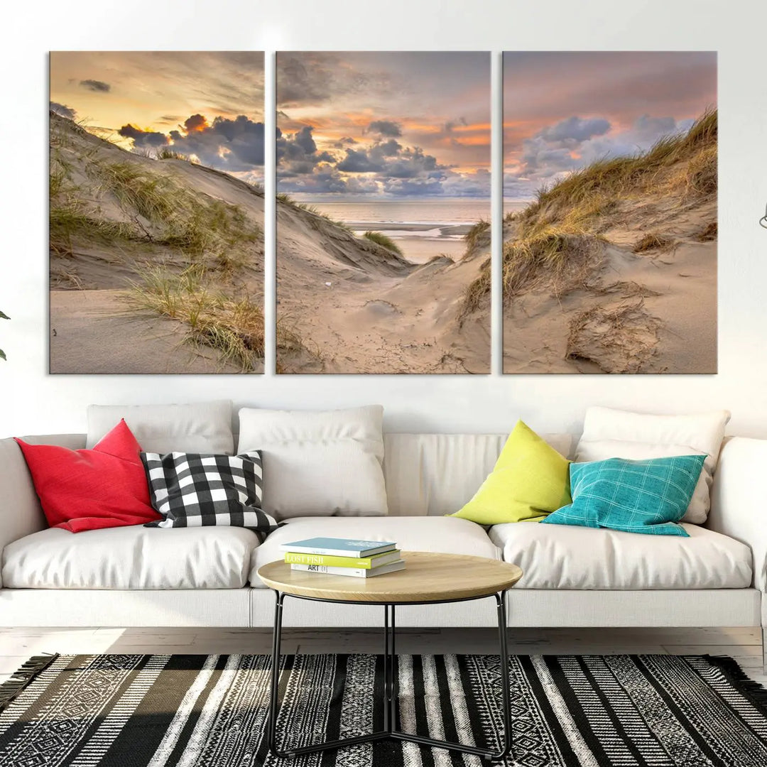 The "Ocean Beach Wall Art Canvas Print Sunset Artwork Print Coastal Wall Art" complements the coastal decor beautifully.