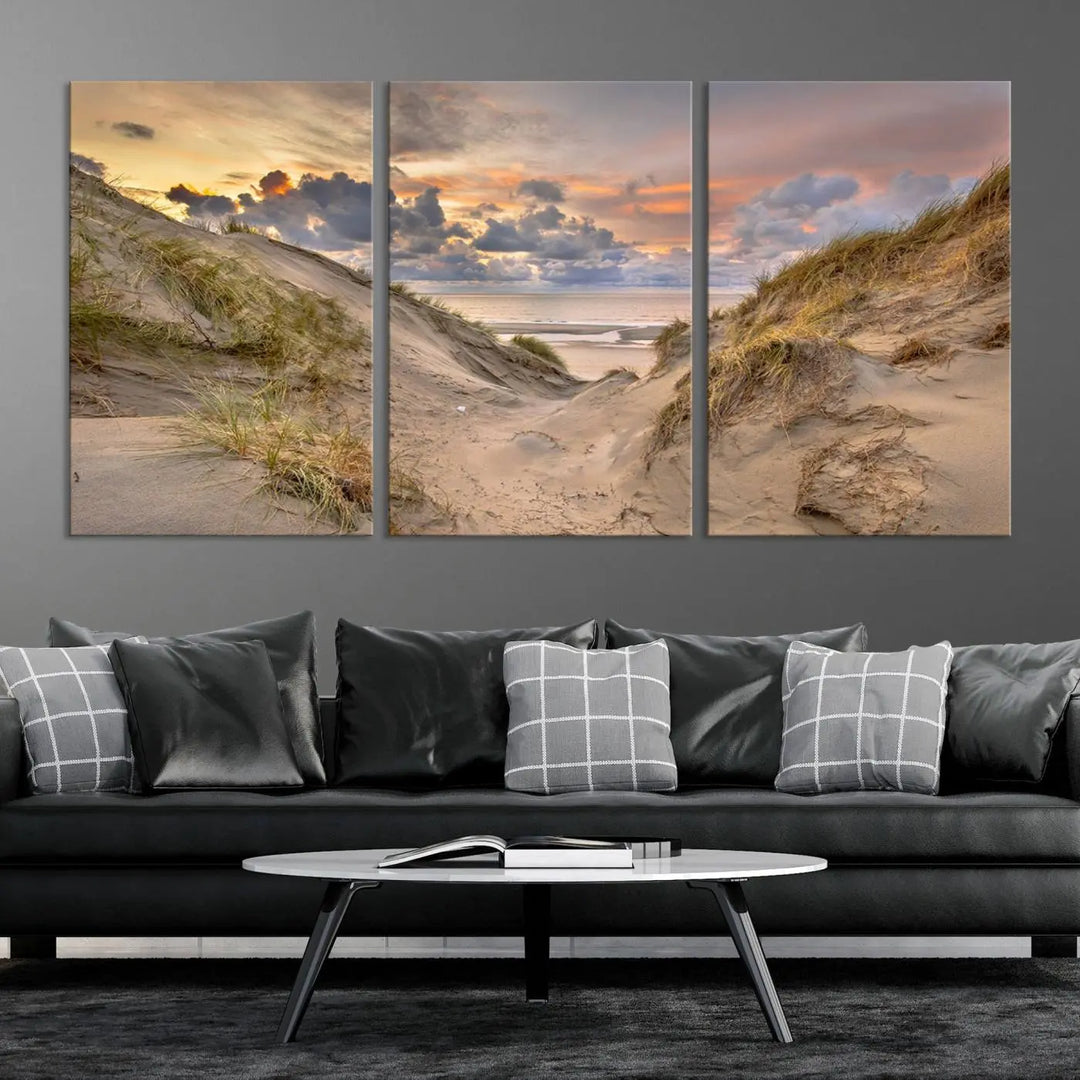 The "Ocean Beach Wall Art Canvas Print Sunset Artwork Print Coastal Wall Art" complements the coastal decor beautifully.