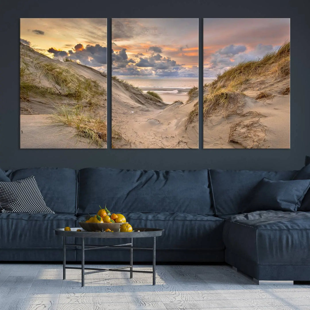 The "Ocean Beach Wall Art Canvas Print Sunset Artwork Print Coastal Wall Art" complements the coastal decor beautifully.