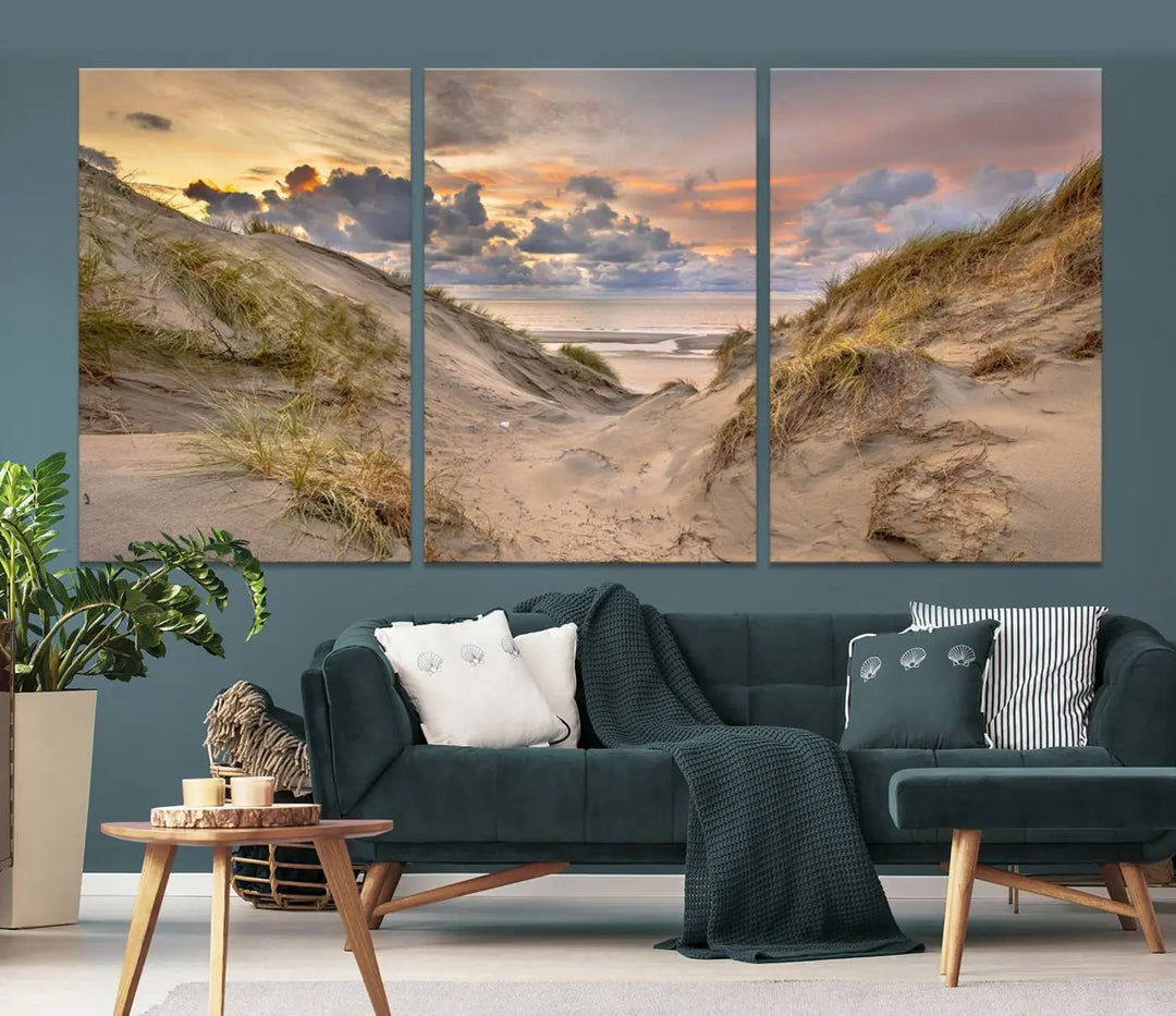 The "Ocean Beach Wall Art Canvas Print Sunset Artwork Print Coastal Wall Art" complements the coastal decor beautifully.