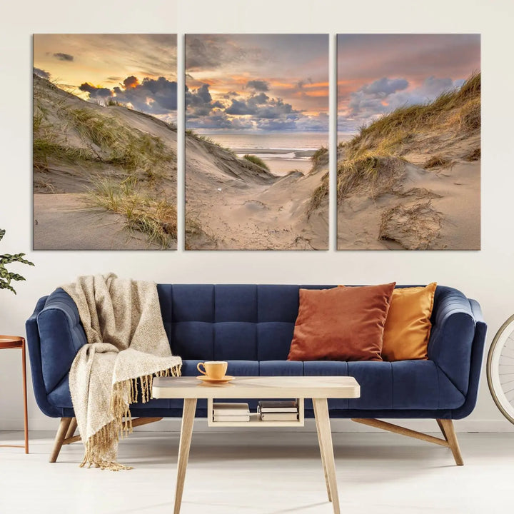 The "Ocean Beach Wall Art Canvas Print Sunset Artwork Print Coastal Wall Art" complements the coastal decor beautifully.