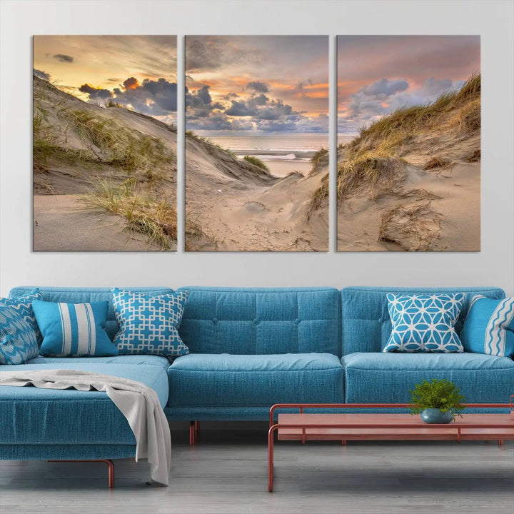 The "Ocean Beach Wall Art Canvas Print Sunset Artwork Print Coastal Wall Art" complements the coastal decor beautifully.