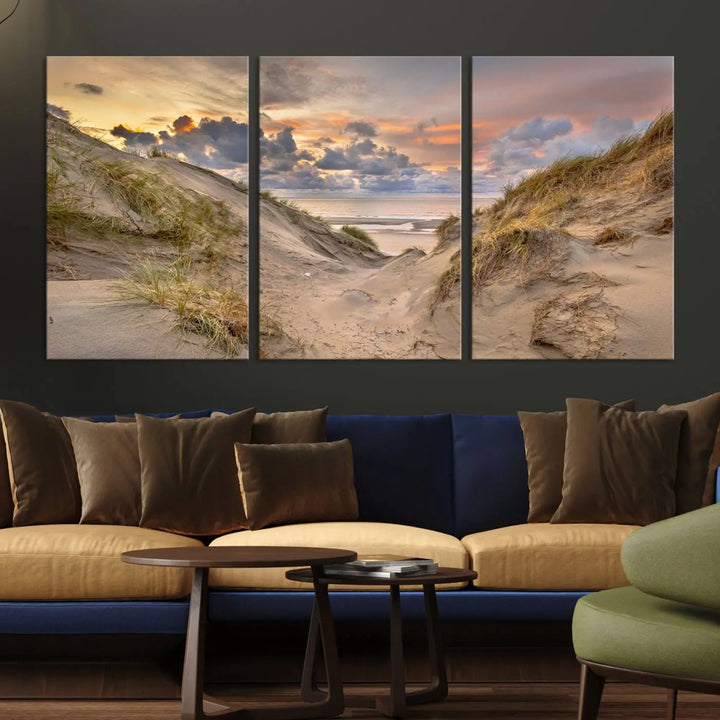 The "Ocean Beach Wall Art Canvas Print Sunset Artwork Print Coastal Wall Art" complements the coastal decor beautifully.