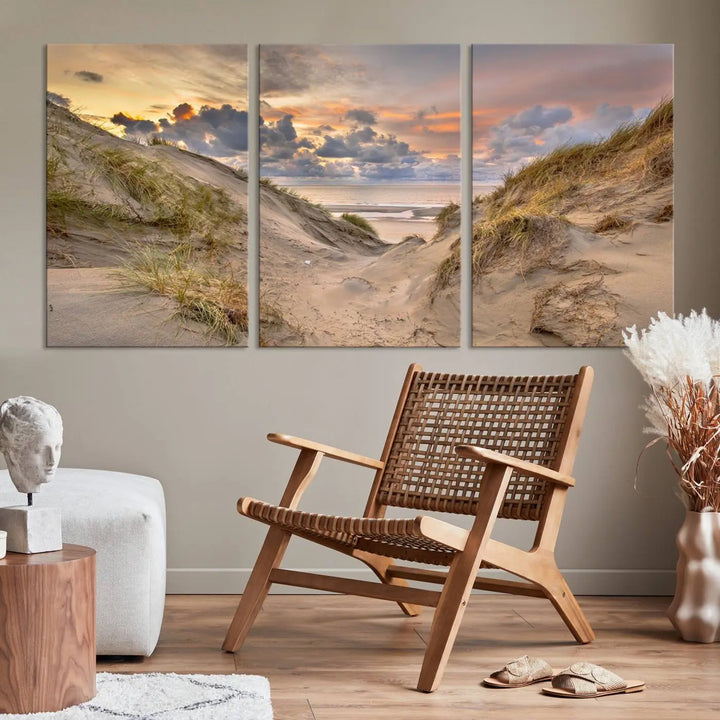 The "Ocean Beach Wall Art Canvas Print Sunset Artwork Print Coastal Wall Art" complements the coastal decor beautifully.