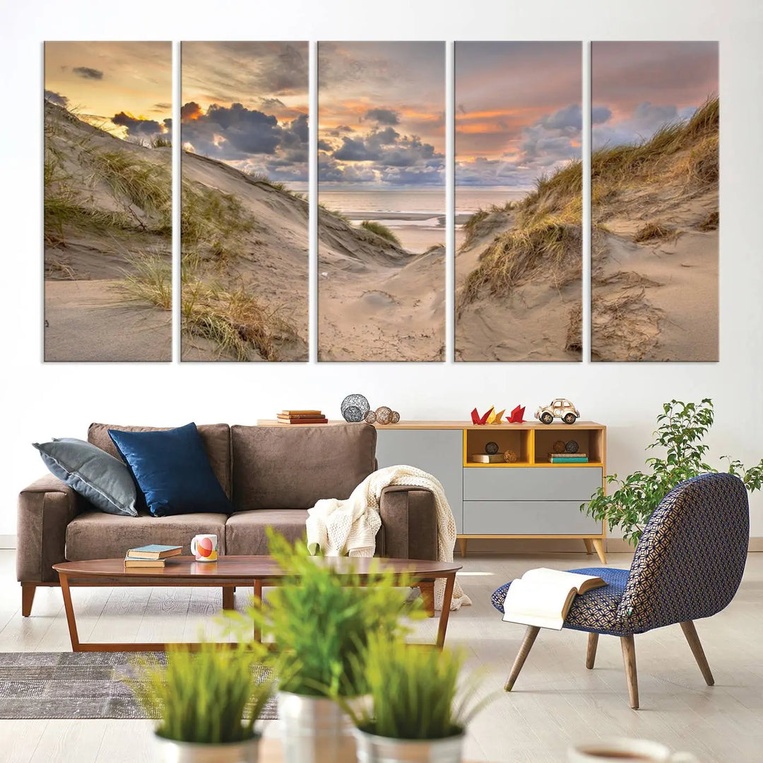 The "Ocean Beach Wall Art Canvas Print Sunset Artwork Print Coastal Wall Art" complements the coastal decor beautifully.