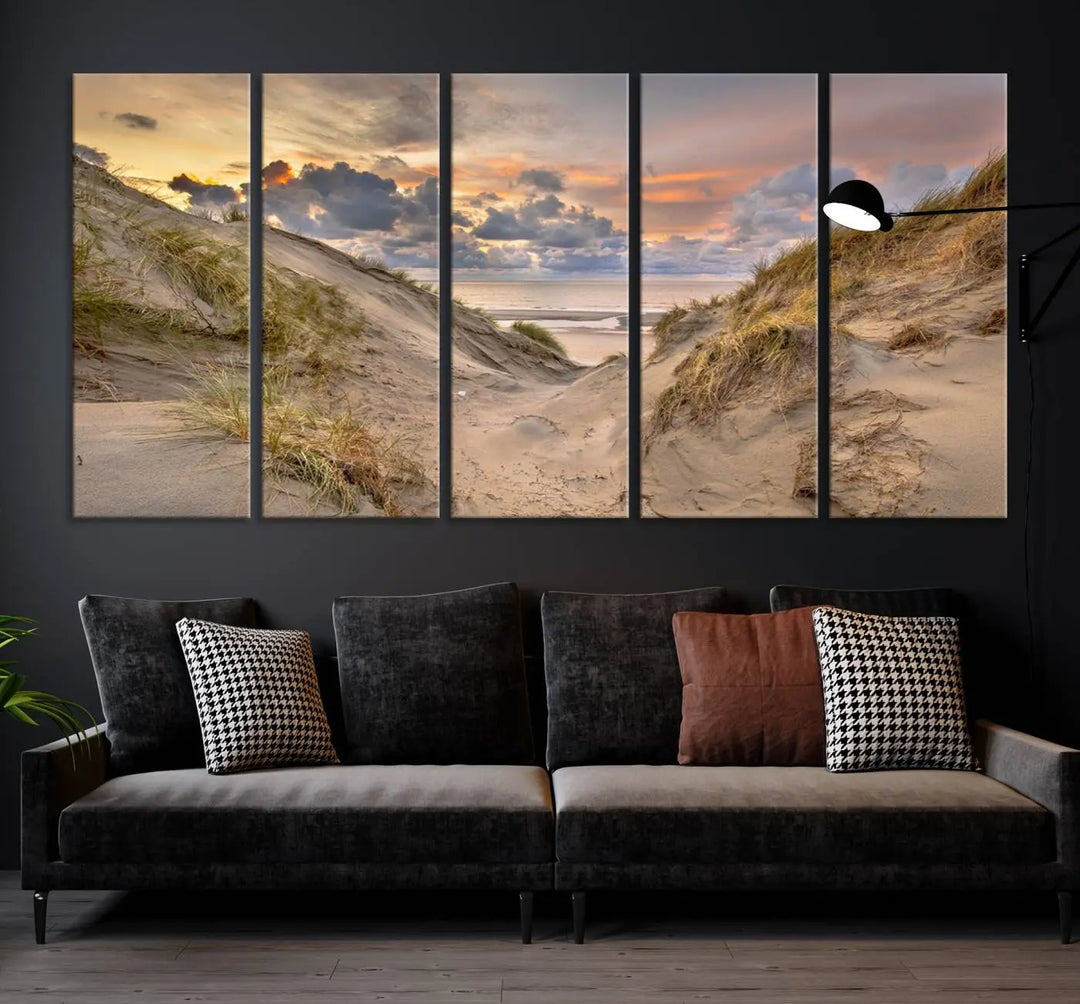 The "Ocean Beach Wall Art Canvas Print Sunset Artwork Print Coastal Wall Art" complements the coastal decor beautifully.