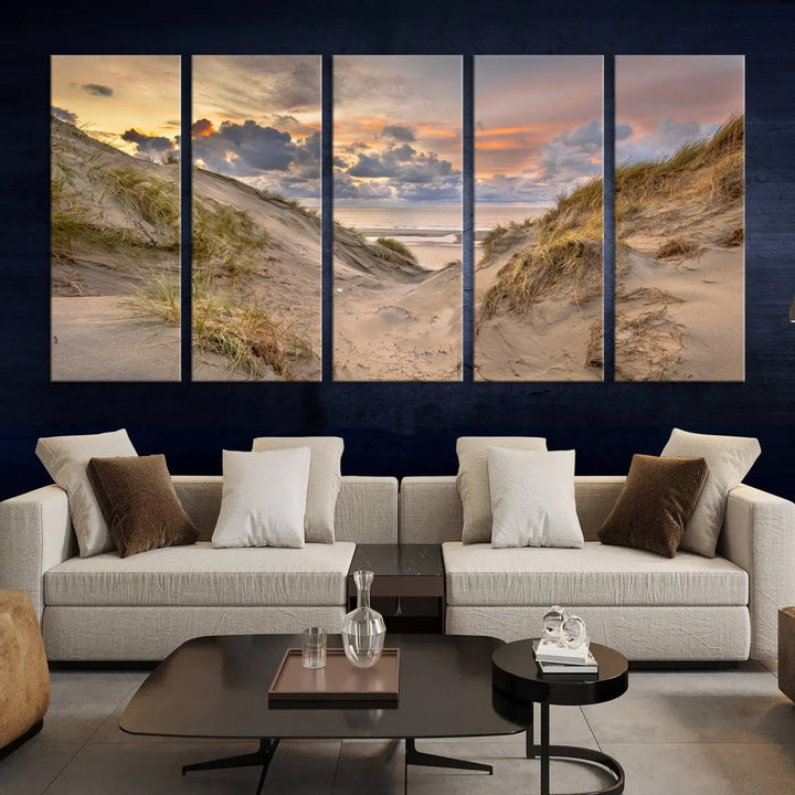 The "Ocean Beach Wall Art Canvas Print Sunset Artwork Print Coastal Wall Art" complements the coastal decor beautifully.