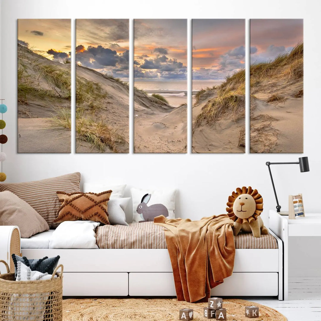 The "Ocean Beach Wall Art Canvas Print Sunset Artwork Print Coastal Wall Art" complements the coastal decor beautifully.