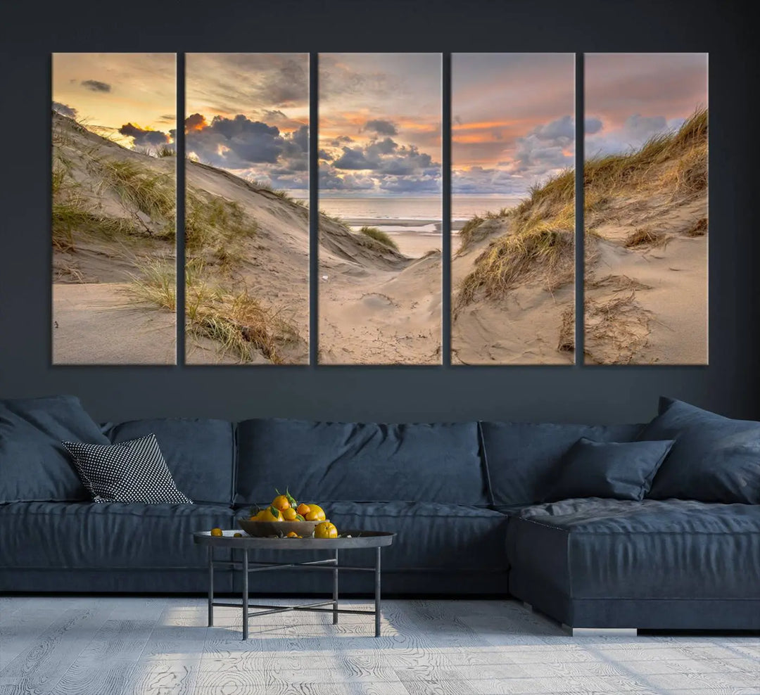 The "Ocean Beach Wall Art Canvas Print Sunset Artwork Print Coastal Wall Art" complements the coastal decor beautifully.