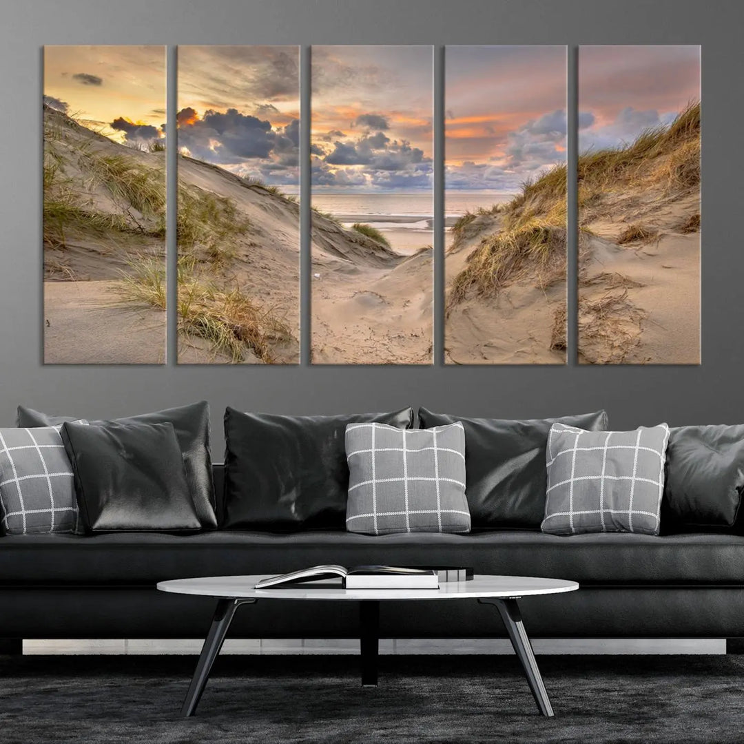 The "Ocean Beach Wall Art Canvas Print Sunset Artwork Print Coastal Wall Art" complements the coastal decor beautifully.