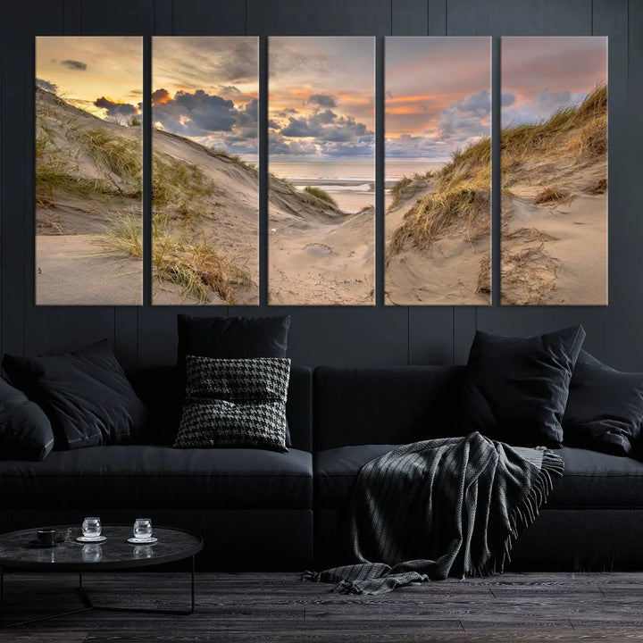 The "Ocean Beach Wall Art Canvas Print Sunset Artwork Print Coastal Wall Art" complements the coastal decor beautifully.