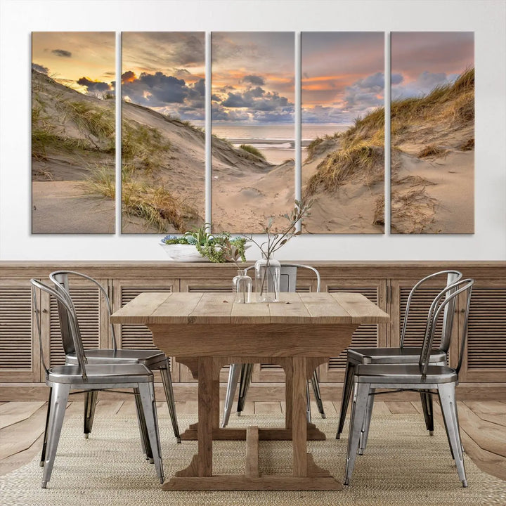 The "Ocean Beach Wall Art Canvas Print Sunset Artwork Print Coastal Wall Art" complements the coastal decor beautifully.