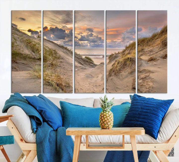 The "Ocean Beach Wall Art Canvas Print Sunset Artwork Print Coastal Wall Art" complements the coastal decor beautifully.