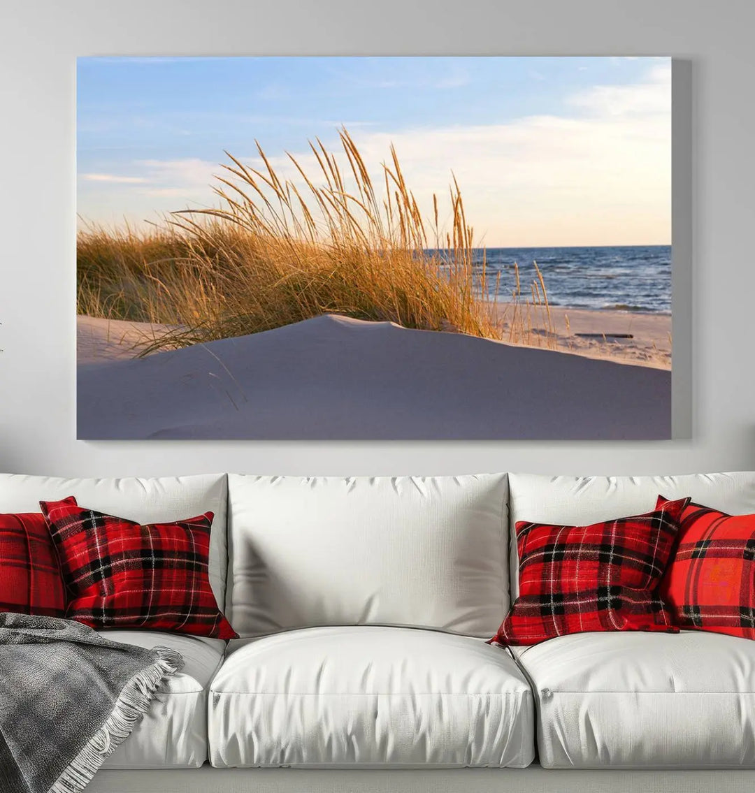 The living room is enhanced by the Ocean Beach Wall Art Canvas Print Sunset Artwork Print Coastal Wall Art, which is displayed prominently above the sofa.