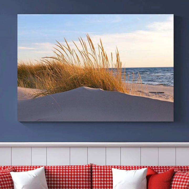 The living room is enhanced by the Ocean Beach Wall Art Canvas Print Sunset Artwork Print Coastal Wall Art, which is displayed prominently above the sofa.