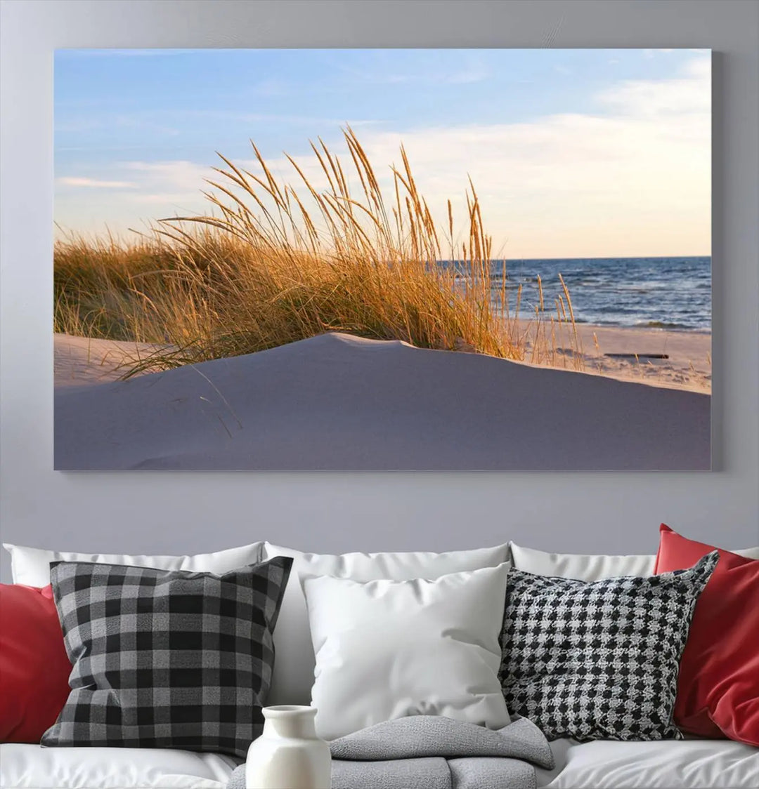 The living room is enhanced by the Ocean Beach Wall Art Canvas Print Sunset Artwork Print Coastal Wall Art, which is displayed prominently above the sofa.