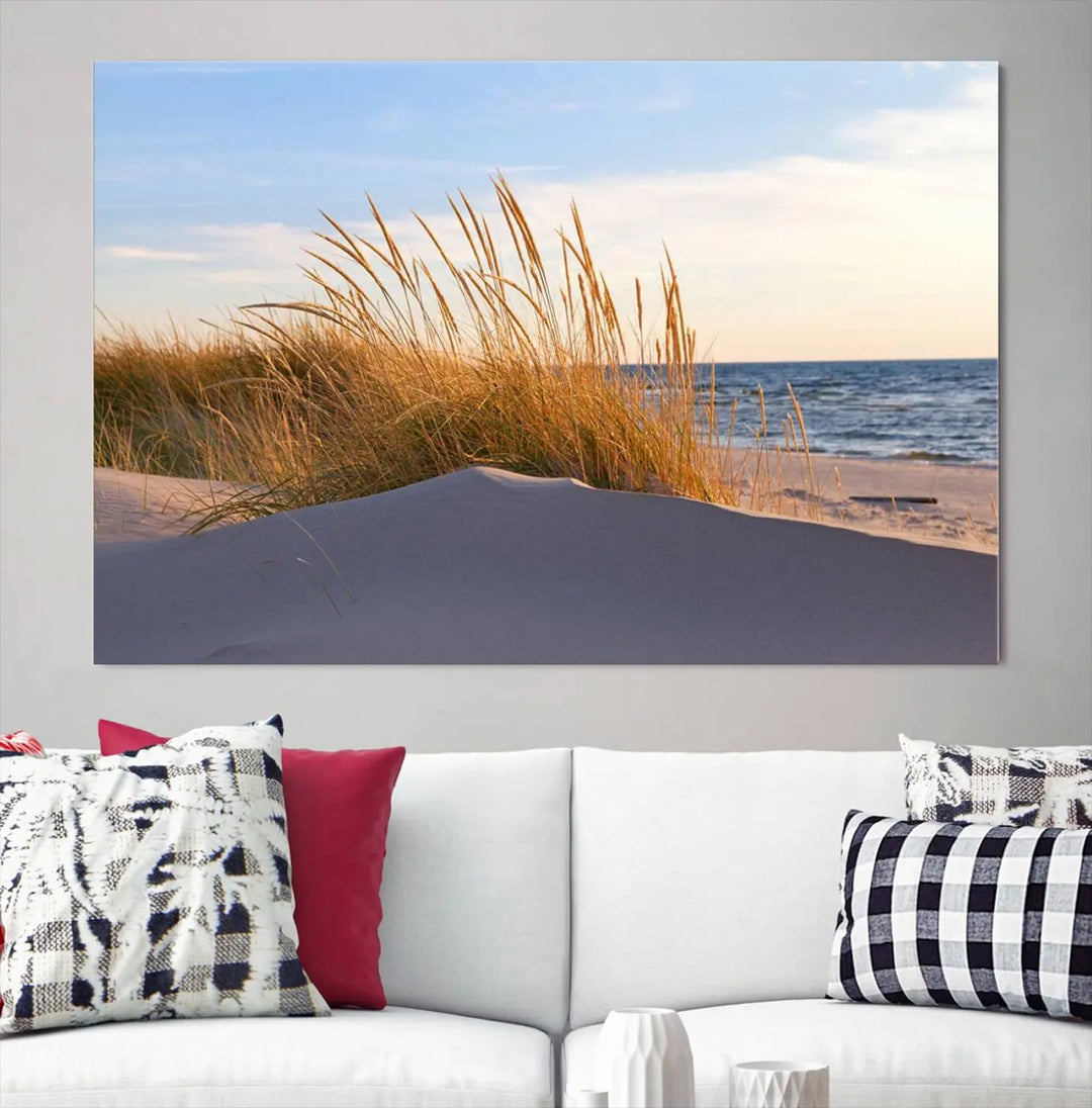 The living room is enhanced by the Ocean Beach Wall Art Canvas Print Sunset Artwork Print Coastal Wall Art, which is displayed prominently above the sofa.